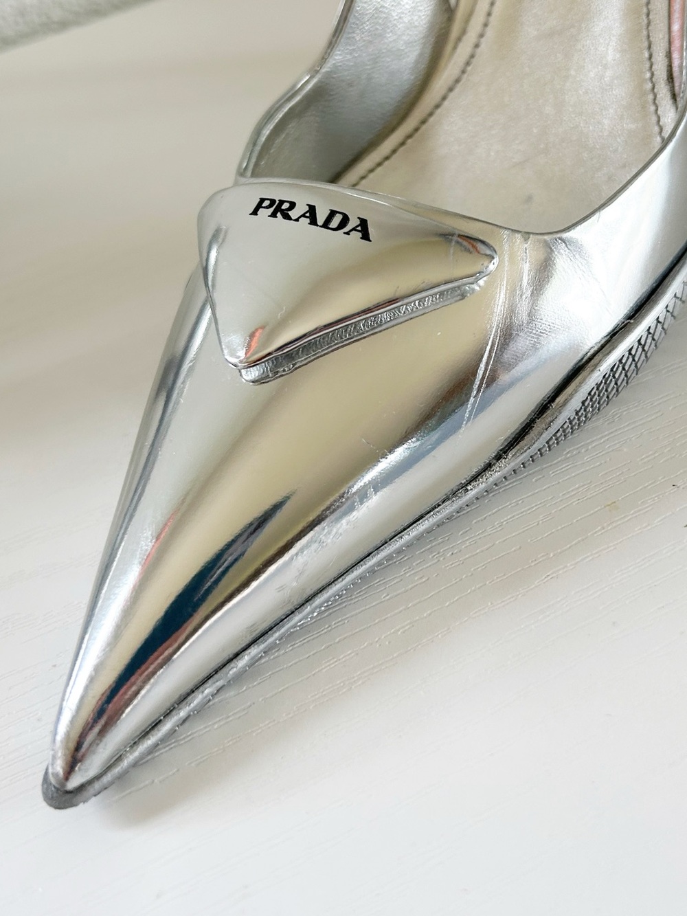 Prada Silver Metallic Slingback Heels Triangle Logo Size EU 41 - Picture 8 of 15